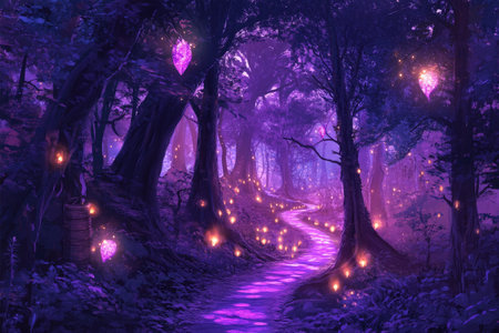 A surreal forest with towering trees whose trunks and branches are various shades of purple. The leaves are a deep violet, and they shimmer as if made of glass. A winding, glowing purple path leads th .jpgの素材