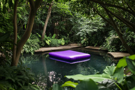A small, intimate swimming pool surrounded by lush greenery. A bright purple air mattress floats on the water, with the surrounding trees and plants reflected in the calm, glassy surface. The scene is.jpgの素材