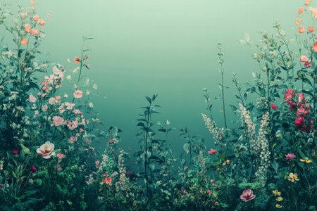 A tranquil garden scene with a gradient background that shifts from a light jade green near the horizon to a rich emerald above. The garden_s flowers and foliage are tinted with the gradient colors, c .jpgの素材