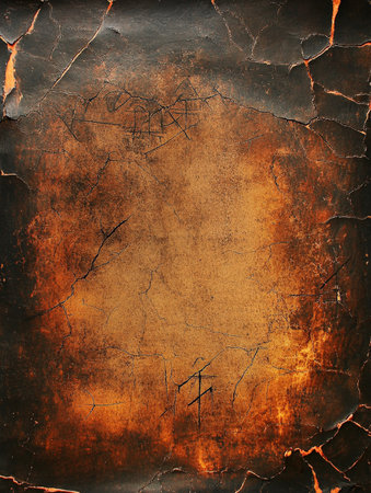 A dark, burnt-orange vintage paper with a rough, cracked texture, featuring faint, ancient symbols and a deep crease running diagonally. The edges are slightly burnt and frayed, adding a sense of mystery and age.の素材