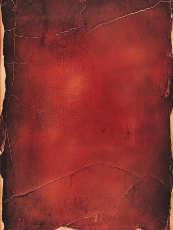 A dark rust-red vintage paper with a gritty, rough texture, covered in tiny cracks and subtle ink smudges. The paper has a prominent fold running across it, with the edges showing signs of wear and tear, giving it a rugged, antique appearance.の素材