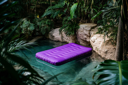 A small, intimate swimming pool surrounded by lush greenery. A bright purple air mattress floats on the water, with the surrounding trees and plants reflected in the calm, glassy surface. The scene is .jpgの素材