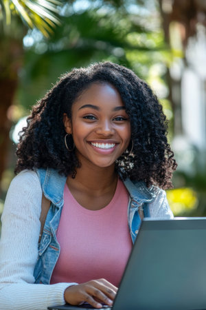 A joyful young African American female college student e-learning on her laptop outdoors at campus, smiling brightly and looking at the camera.の素材