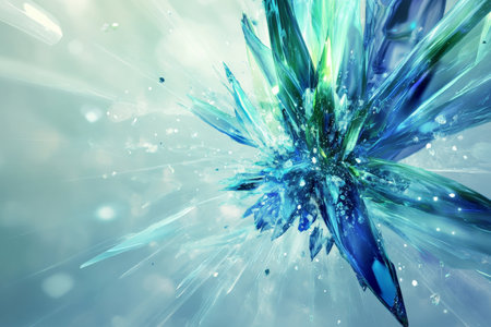 A striking _D explosion with cool blues and greens against a light, frosted background. The explosion features dynamic, flowing lines and a halo of shimmering light, creating a refreshing and dynamic .jpgの素材