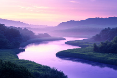 A serene landscape with a river winding through a gradient valley. The sky transitions from a soft lavender at the horizon to a deep indigo above. The river reflects the gradient colors, with the bank .jpgの素材