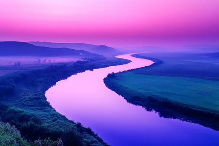 A serene landscape with a river winding through a gradient valley. The sky transitions from a soft lavender at the horizon to a deep indigo above. The river reflects the gradient colors, with the bank .jpgの素材