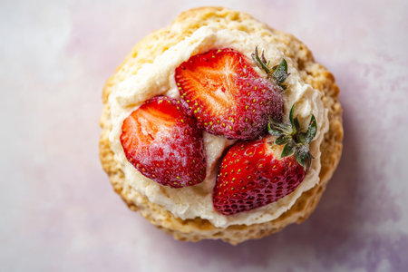 A top view of a strawberry scone, with a golden, crumbly texture and fresh strawberries on top. The scone is placed on a light lavender background, adding a touch of elegance to the rustic dessert.の素材