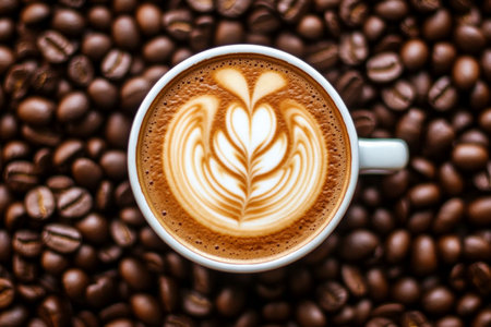 A close-up of a coffee cup with a creamy latte, showing intricate latte art on top. The cup is surrounded by a circle of perfectly roasted coffee beans, with a rich brown background enhancing the warm tones.の素材