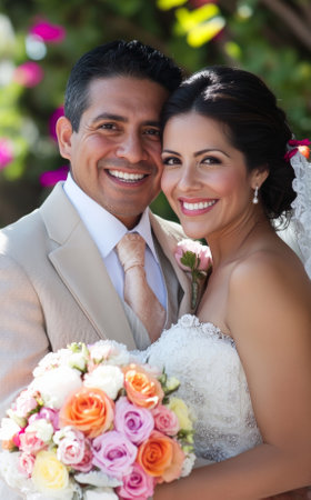 A happy Hispanic bride and groom embracing each other after their wedding ceremony, both smiling brightly at the camera with love and contentment.の素材