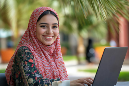 A joyful young Arabian female college student e-learning on her laptop at campus, smiling widely and looking at the camera with excitement.の素材