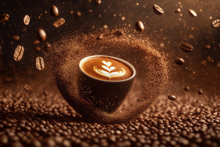 A coffee cup surrounded by a whirlwind of coffee beans, all flying together in a dynamic, circular motion. The background is a dark, rich brown with hints of golden light, highlighting the energy and movement in the scene.の素材
