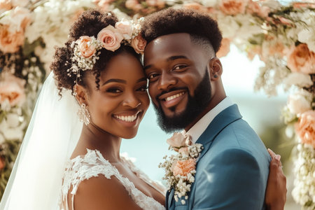A joyful Black bride and groom embracing at their wedding, standing under an arch decorated with flowers, smiling at the camera with love and happiness.の素材
