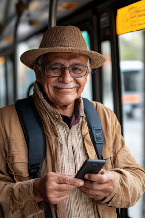 A senior Hispanic man, using his mobile phone with a cheerful expression to pay for bus fare, standing near the bus ticketing area.の素材