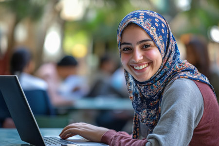 A joyful young Arabian female college student e-learning on her laptop at campus, smiling widely and looking at the camera with excitement.の素材