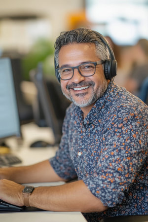 A middle-aged Brazilian male customer support representative cheerfully looking at the camera while working in a dynamic office environment..jpgの素材