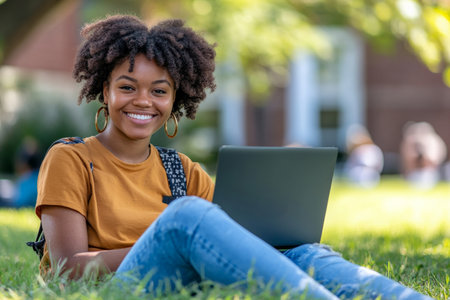 A cheerful young African American female college student e-learning on her laptop at campus, sitting on the grass and looking at the camera with a broad smile.の素材