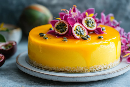 A front view of a vibrant passion fruit mousse cake, with a smooth, glossy passion fruit glaze. The cake is topped with fresh passion fruit seeds and a few delicate flowers for a tropical, refreshing look.の素材