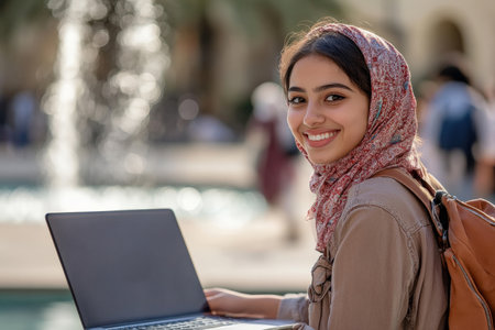 A happy young Arabian female college student e-learning on her laptop at campus, sitting by a fountain and looking at the camera with a joyful smile.の素材