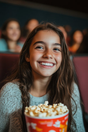 A Brazilian teenage girl, cheerful and energetic, munching on popcorn while enjoying a comedy movie in a cozy cinema. Her laughter is the highlight of the moment.の素材
