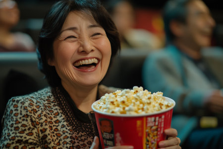 A Japanese middle-aged woman, happy and engaged, enjoying a bucket of popcorn while watching a comedy in the cinema. Her laughter is captured in a warm, candid moment.の素材