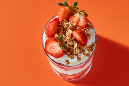 A top view of a strawberry parfait layered with yogurt, granola, and fresh strawberries. The parfait is set against a bright orange background, highlighting the dessert_s vibrant colors. .jpgの素材