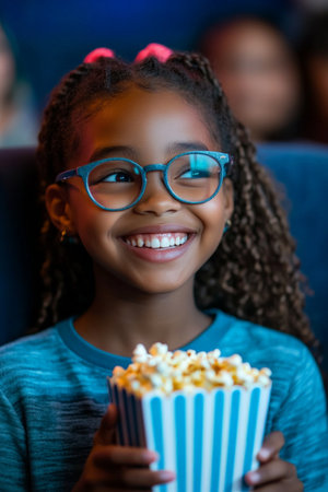 A happy Black teenage girl, relaxed and cheerful, eating popcorn while watching a comedy movie in the cinema. Her laughter is infectious as she enjoys the film.の素材