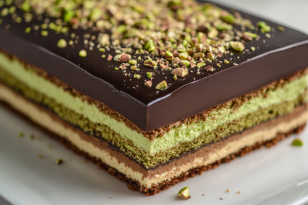 A detailed view of a pistachio opera cake, showing the precise layers of almond sponge, pistachio buttercream, and dark chocolate ganache. The top is finished with a glossy chocolate glaze and a scattering of crushed pistachios.の素材