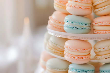 A close-up of a delicate macaron tower, showing an assortment of pastel-colored macarons filled with smooth buttercream. The texture of the crispy shell contrasts beautifully with the creamy filling inside.の素材
