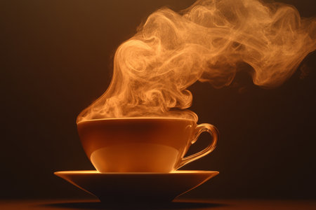 A coffee cup suspended in mid-air, with steam forming intricate, swirling patterns around it. The background is a deep, dark gradient that transitions from black to rich brown, emphasizing the warmth and richness of the coffee.の素材