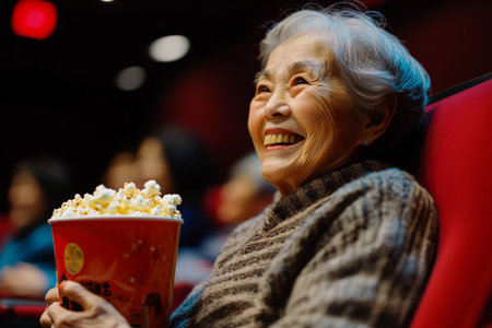 A Japanese elderly woman, happy and engaged, enjoying a bucket of popcorn while watching a comedy in the cinema. Her laughter is captured in a warm, candid moment.の素材