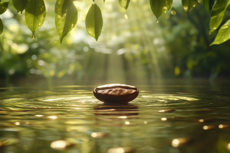 A coffee bean floating serenely above a tranquil pond, with its reflection shimmering on the water s surface. The background is a lush, green forest bathed in soft, golden light, creating a peaceful, natural setting for this calm, meditative scene.の素材