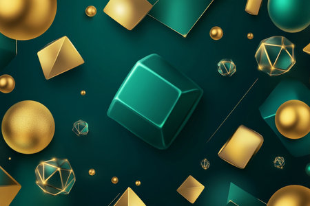 A luxurious abstract background with rich, deep emerald and gold gradients. The 3D geometric shapesの素材