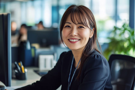 A middle-aged Japanese female customer support representative happily looking at the camera while working at her desk in a sleek and modern office. .jpgの素材