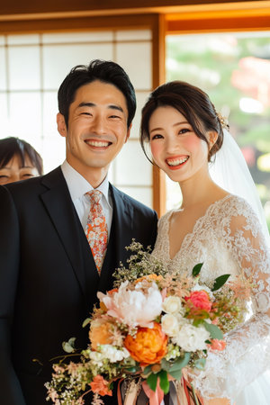 A cheerful Japanese bride and groom posing for a photo with family after their wedding ceremony, both smiling with joy.の素材