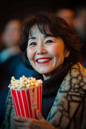 A Japanese middle-aged woman, smiling broadly, enjoying popcorn in a cinema as she watches a comedy movie. Her face lights up with joy in the dim theater.の素材