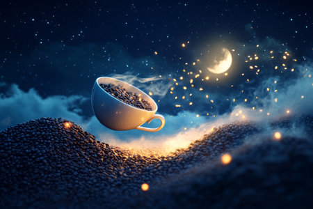 A surreal image of a giant coffee cup flying through a starry night sky, leaving a trail of glowing coffee beans in its wake. The scene is illuminated by a soft, moonlit glow, creating a dreamy, fanta.jpgの素材