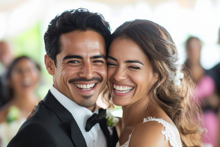 A joyful Hispanic bride and groom dancing together at their wedding reception, surrounded by friends and family, both smiling with happiness.の素材