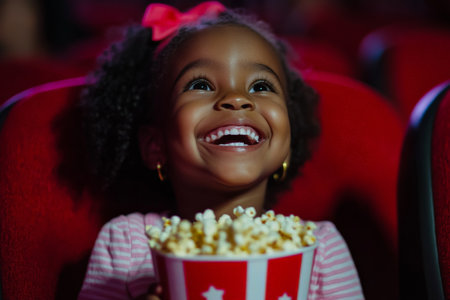 A Black preschooler girl, cheerful and innocent, munching on popcorn while watching a comedy movie in the cinema. Her giggles fill the darkened room.の素材