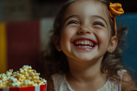 A Brazilian preschooler girl, laughing gleefully, munching on popcorn while enjoying a comedy movie in the cinema. Her laughter and bright smile are heartwarming.の素材