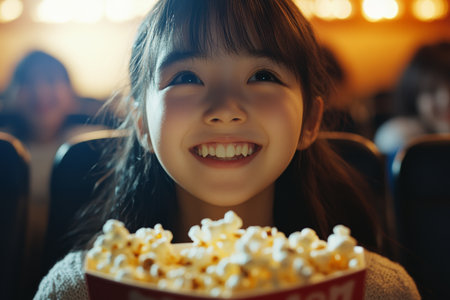 A Japanese teenage girl, cheerful and lively, enjoying popcorn while watching a comedy movie in a cinema. Her laughter and joy are captured in a warm moment.の素材