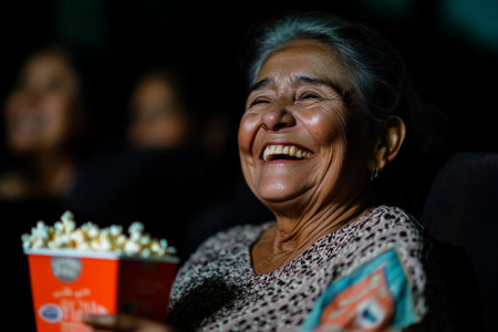 A Hispanic elderly woman, smiling broadly, enjoying popcorn while laughing at a comedy movie in a cinema. The glow of the screen highlights her joyful expression.の素材