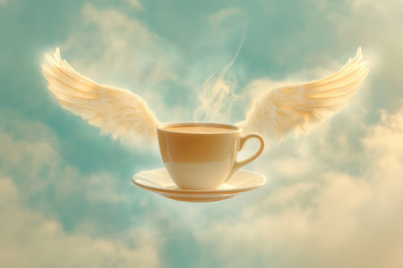 A coffee cup with angelic wings, gently floating down from the heavens, surrounded by a soft, golden light. The background is a serene sky with light, fluffy clouds, creating a peaceful, otherworldly feel as the cup descends.の素材