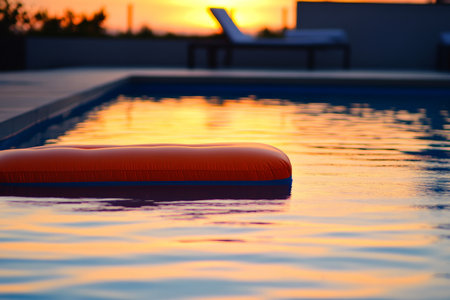 A modern, sleek swimming pool at sunset, with a vibrant orange air mattress floating near the pool s edge. The water reflects the warm hues of the sunset, creating a peaceful atmosphere. Small waves g .jpgの素材