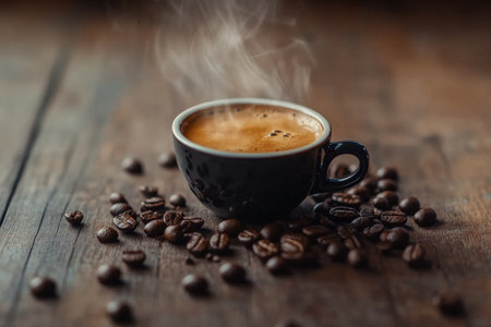 A close-up view of a steaming cup of espresso surrounded by scattered roasted coffee beans on a rustic wooden table. The rich, dark coffee contrasts with the warm, earthy tones of the beans, creating a cozy, inviting scene.の素材