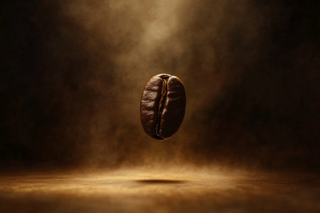 A single coffee bean floating in a void, surrounded by a glowing aura of light. The scene is minimalist and abstract, with the bean_s rich texture and deep brown color standing out against the dark, m .jpgの素材