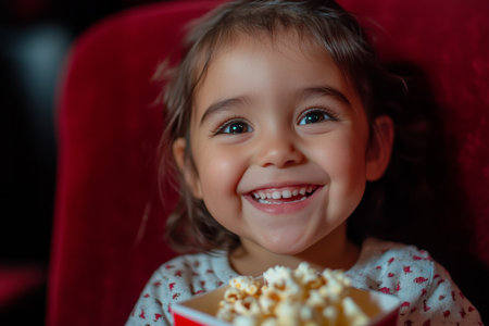 A Hispanic preschooler girl, joyful and innocent, munching on popcorn while watching a comedy movie in a cinema. Her laughter lights up the theater.の素材