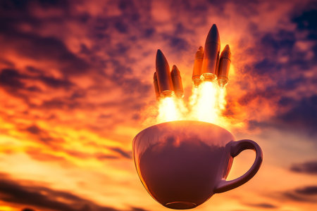 A cup of coffee with rocket boosters attached, launching into the sky with flames and smoke trailing behind. The background is a dramatic sunset, with vibrant oranges and purples highlighting the energy of the scene.の素材