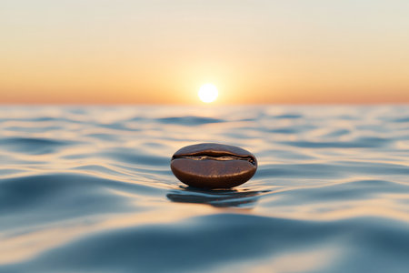 A coffee bean floating serenely over a calm ocean at sunrise, with gentle waves lapping below. The scene is peaceful and serene, with the bean reflecting the soft, golden light of the rising sun, creating a tranquil, meditative atmosphere.の素材