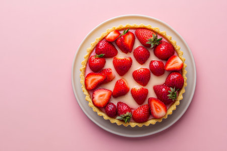 A top view of a delicate strawberry tart with a golden, flaky crust. The tart is filled with creamy custard and topped with an intricate arrangement of fresh strawberries, all set against a soft paste.jpgの素材