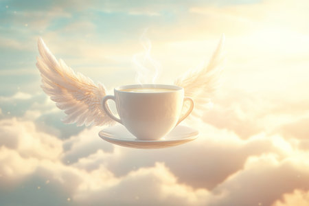 A coffee cup with angelic wings, gently floating down from the heavens, surrounded by a soft, golden light. The background is a serene sky with light, fluffy clouds, creating a peaceful, otherworldly feel as the cup descends.の素材